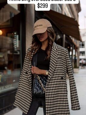 Anine Bing Black & Beige Houndstooth Oversized Blazer Coat